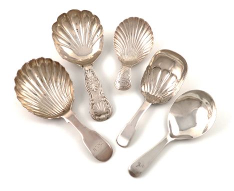 A small collection of five antique silver caddy spoons,comprising: a George IV Scottish Fiddle pattern one, with a large shel