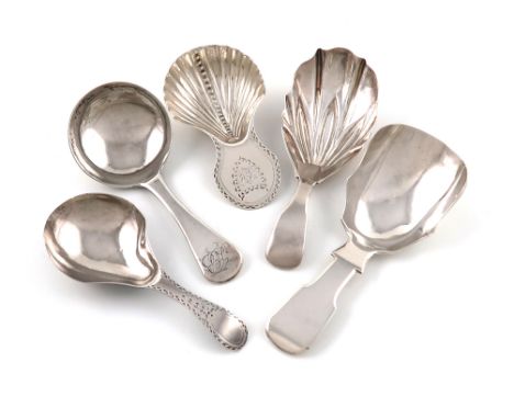 A small collection of five antique silver caddy spoons,comprising: a William IV Fiddle pattern one, by W. Sobey, Exeter 1833,