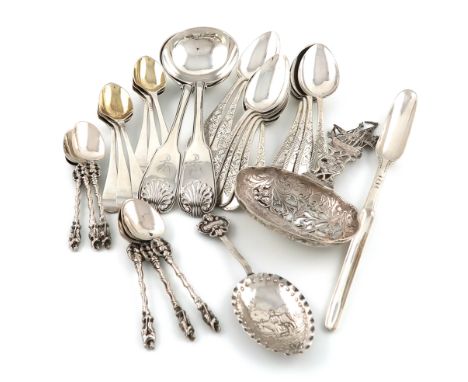 A mixed lot of silver flatware,various dates and makers,comprising: a George III marrow scoop, London 1765, a pair of Fiddle,