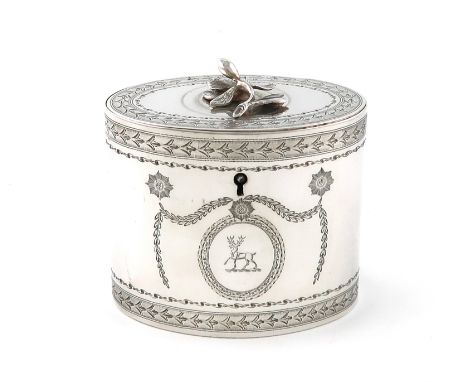 A George III silver tea caddy, by Peter, Ann and William Bateman, London 1799, oval form, flush-hinged cover with a foliate f
