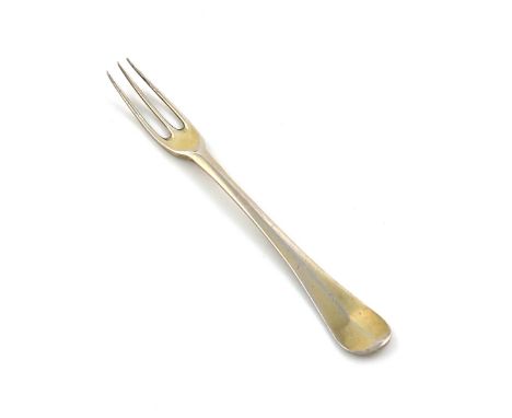 A George I silver-gilt Hanoverian pattern sweetmeat fork, by Paul Hanet, London circa 1725, three-pronged tines, length 10.9c