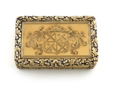 A William IV silver-gilt snuff box, by Reily and Storer, London 1835, rectangular form, with heavy oak leaf and acorn borders