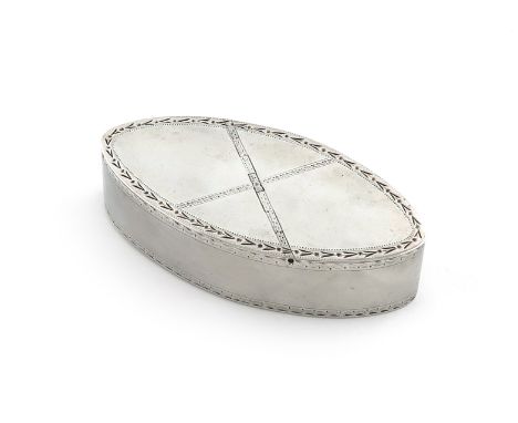 A George III silver snuff box, by Phipps and Robinson, London 1784,  oval navette form, bright-cut borders, with two flush hi