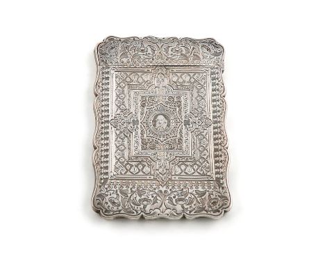 A Victorian silver engraved card case, by R. Thornton, Birmingham 1874, rectangular form, engraved decoration, one side engra