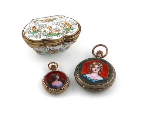 An 18th century silver-gilt mounted French enamel snuff box,possibly Fromery,shaped cartouche form, enamelled foliate decorat