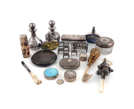 A mixed lot,comprising silver items: four overlay scent bottles, a silver and enamel compact, a baby's rattle, a compact, a F