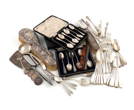 λA mixed lot of silver items,comprising: a set of six Hanoverian pattern table forks, Sheffield 1928, six Fiddle pattern dess