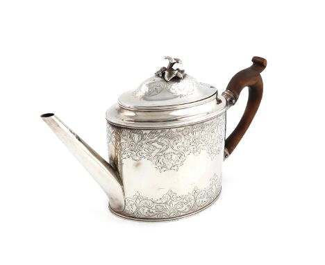 A George III silver teapot, by Robert Hennell I, London 1789,oval form, the body engraved with foliate scroll decoration, scr