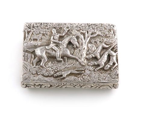 A William IV silver raised relief hunting snuff box,  by Edward Smith, Birmingham 1836, rectangular form, the hinged cover wi