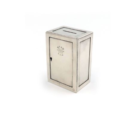 An Edwardian novelty silver money box,by Charles Henry Dumenil, London 1907,modelled as a safe, plain rectangular form, with 