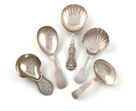 A small collection of five antique silver caddy spoons,comprising: a George III Bright-cut one, by Smith and Fearn, London 17