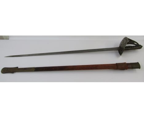 Dress sword and leather scabbard belonging to an officer in the Royal Engineers, made by Robert Mole and Sons of Birmingham, 