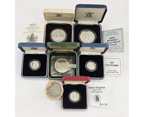 Royal Mint Silver Proof (6) Coins, 1980 Queen Mother 80th Birthday Crown, 1972 Elizabeth &amp; Philip Wedding Crown, 1990 Que