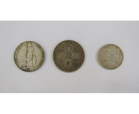 Victorian and Edwardian silver coins, Gothic florin, crowned young head left, rev. four crowned shields in cruciform with flo