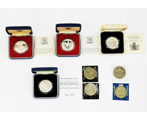 4 x Royal Mint Silver Proof Crowns, (2) 1977 Jubilee, 1981 Charles &amp; Diana, 1980 Queen Mother &amp; (4) Nickel Crowns