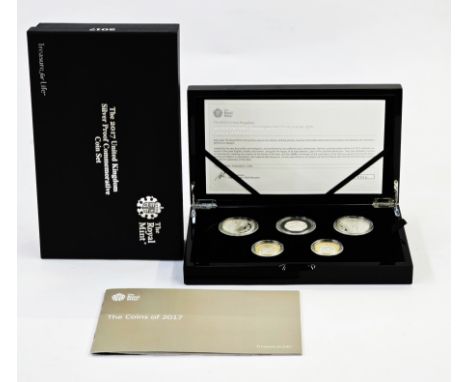 2017 United Kingdom silver proof commemorative coin set, containing 5 coins, 2 x &pound;5, 2 x &pound;2 and 50 pence, these a