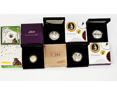 Royal Mint Silver Commemorative (5) Coins, coloured 2019 Gruffalo 50p in perspex display, 2 x 200th Anniversary of the birth 