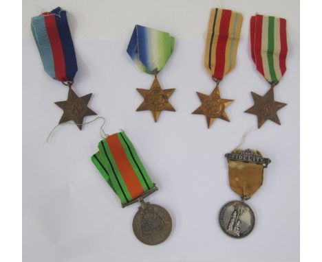 WWII Africa Star, Italy Star, 1939-45 Star, Defence Medal, Victorian Army Temperance Medal, collection of metal ribbons, vari