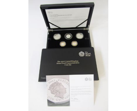 2017 United Kingdom silver proof commemorative coin set, containing 5 coins, 2x &pound;5, 2 x &pound;2 and 50 pence, these ar