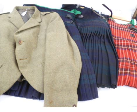 Three Scottish tartan gentleman's kilts and a tweed jacket with epaulettes, labelled Hugh Macpherson Scotland (4)