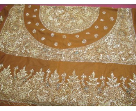 Middle Eastern hand embroidered tablecloth, gold wore needlework stitching, embroidered  flowers with gold fringing 173cm x 1