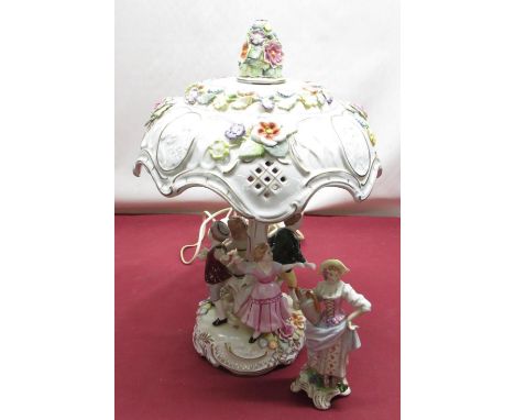 C20th Dresden style table lamp, encrusted with flowers with pierced shade, with children dancing around tree, H42cm, another 