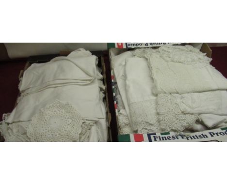 Early C20th and later damask, croquet edged, lace edged table linen (2 boxes) 