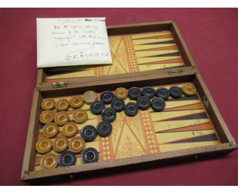 Early 20th Century folding travelling draughts board complete with draughts interior set with backgammon board 30cm x 30cm x 