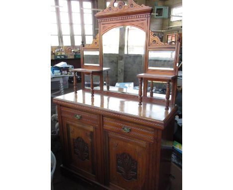 Edwardian walnut mirror back side cabinet with two drawers two carved panel doors,W121cm D45cm H195cm 