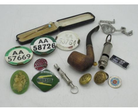 Two public service vehicle conductor badges, public service vehicle driver badge, 'The Acme Scout' whistle, two cased stick p