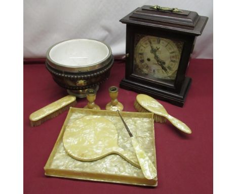 1930's celluloid six piece dressing table set comprising of tray, hand mirror, hand brush, brush, pair of candlesticks, Geo. 