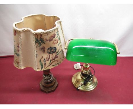 Brass desk lamp with green glass shade and turned oak bedside lamp (2) 