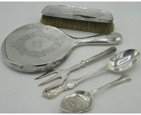 Geo.V hallmarked sterling silver mirror and brush set with etched floral decoration and initialled EE by J &amp; R Griffin, C