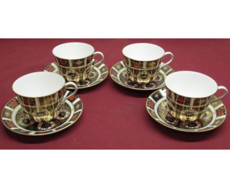 Set of four Royal Crown Derby Imari 1128 pattern breakfast cups and saucers, Royal Crown Derby mark, pattern number and date 