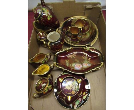 Carlton Ware "Rouge Royale" tea for two service, similar fruit bowl, raised moulding decorated, bearing Carlton Ware adhesive