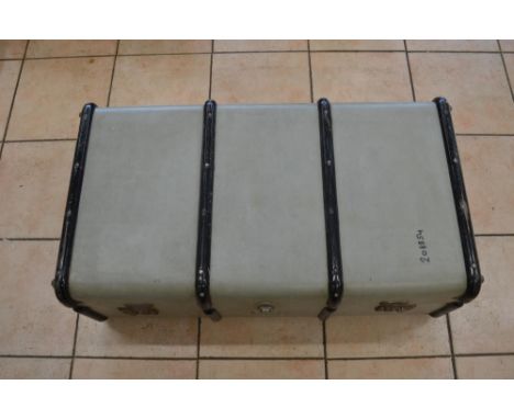 Large painted grey metal banded trunk, W90cm D50cm H32cm 