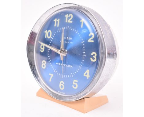Westclox - Big Ben - a retro 1960s desk / bedside alarm clock. Silver plastic and metal construction, with a circular blue fa