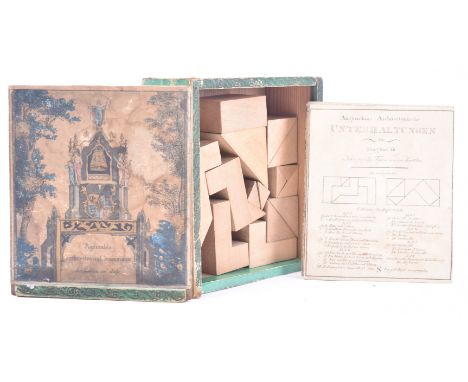 An early 19th century German wooden architectural 15 pieces building set. The set comprising instruction sheet together with 