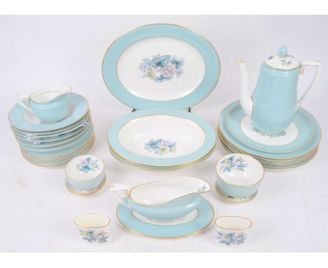 Royal Worcester - 'Woodland' pattern - A mid 20th century part dinner / tea service, with duck egg blue rim and white central