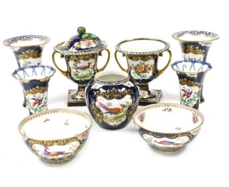 A group of late 19thC Booths Blue Scale pattern pottery, decorated with reserves of exotic birds and flowers, comprising a pa