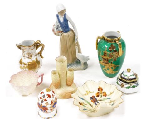 A group of 19thC and later porcelain, including a Belleek cup, Royal Ivy porcelain bud vase, Noritake porcelain vase, Royal C