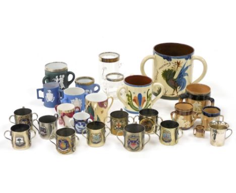 A group of ceramic glass and plated tygs, including a cut glass tyg with silver collar, an Aller Vale tyg decorated with a co