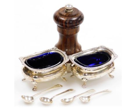 A group of small silver, comprising two Edward VII open salts, with blue glass liners, London 1901, three mustard and one sal