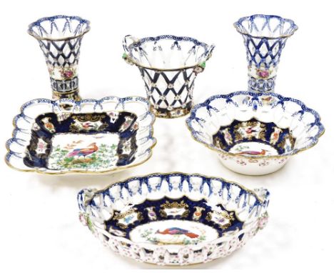 Six items of late 19thC Booths Blue Scale pattern basket weave pottery, decorated with reserves of exotic birds and flowers, 