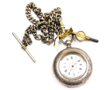 A lady's silver cased pocket watch, open face, key wind, engraved Ellis Exeter, enamel dial bearing Roman numerals, the case 