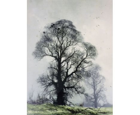 David Shepherd. Trees in landscape, signed print, 60cm x 51cm.