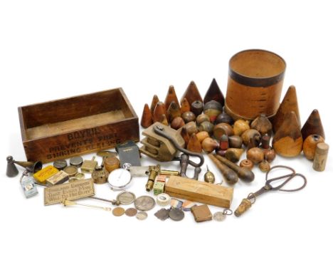 Vintage wooden plumbers turn pin lead pipe flaring tools and other items. (a quantity) 