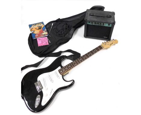 A Stagg black electric guitar, with rosewood finger board, together with an amplifer, 10GA.