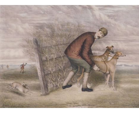 A 19thC colour engraving, of 'The Celebrated Slipper', Tom Wilkinson of Southport and Greyhounds Miss Glendyne and Penelope I