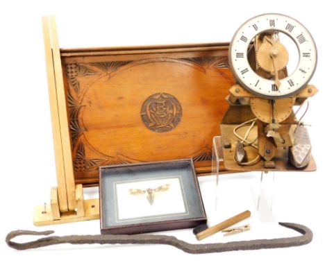 A pine wall mounted towel rail, Victorian mahogany tray, wall bracket, wood wall clock, iron hook and a Deaths Head Hawk moth